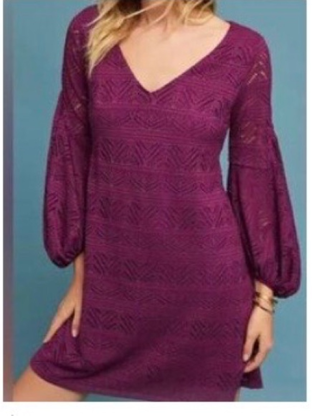 Maeve Crochet V-Neck 3/4 Puff Sleeve Shift Dress in Berry Purple Lined Suze S